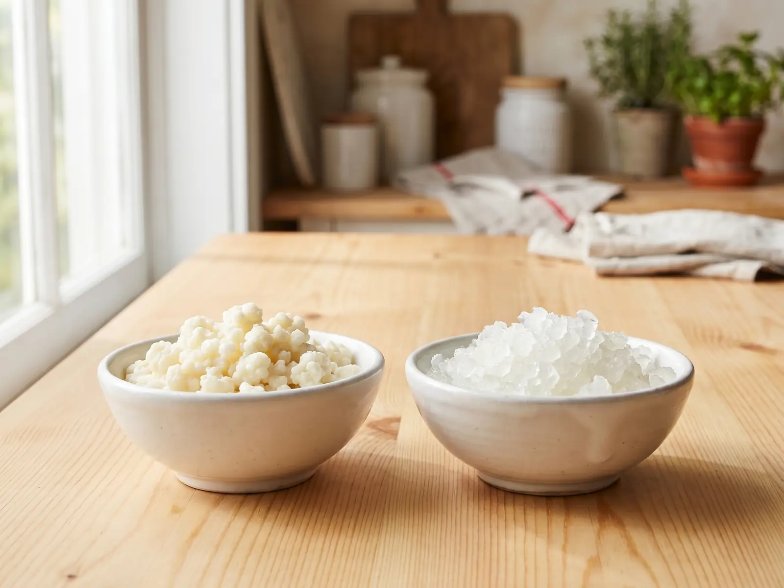 kefir de agua Cuencos con gránulos de kéfir de leche opacos y gránulos de kéfir de agua cristalinos.