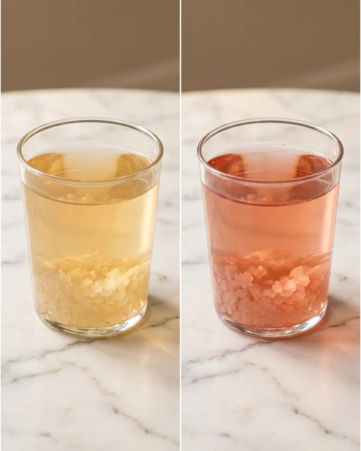 kefir de agua Dos vasos de kéfir de agua, uno natural y otro con infusión de hibisco, vistos en composición vertical.