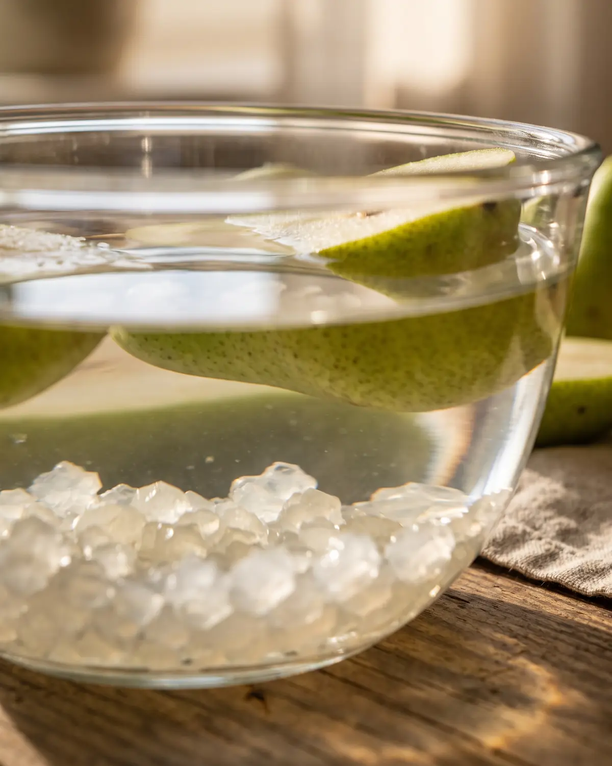 water kefir grains tibicos Detalle de tíbicos translúcidos bajo el borde del agua, con peras verdes reflejadas en la superficie.