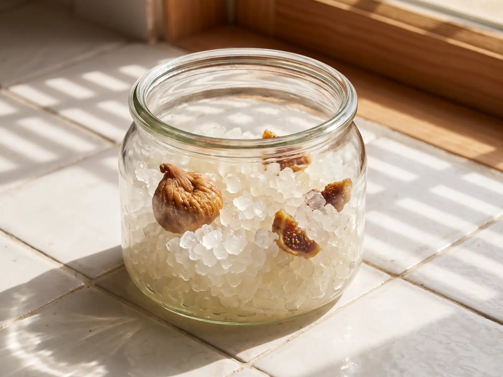 Tarro con gr&aacute;nulos de k&eacute;fir de agua e higo seco sobre azulejos blancos con sombras de persiana.