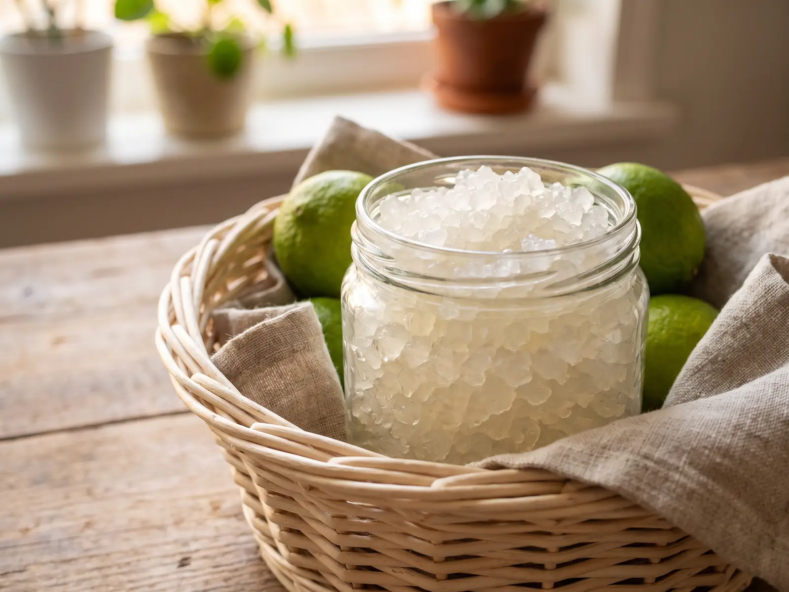water kefir grains tibicos Tarro con tíbicos translúcidos en una cesta de mimbre clara, junto a limas enteras y lino crudo.