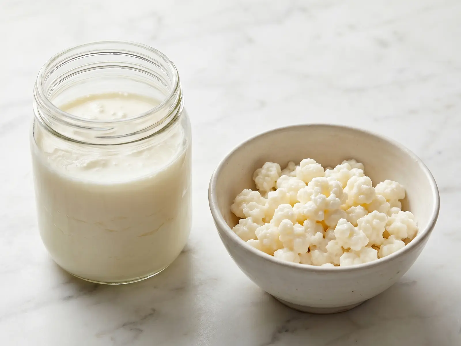 Tarro abierto de k&eacute;fir de leche con gr&aacute;nulos blanco crema en un cuenco sobre m&aacute;rmol claro