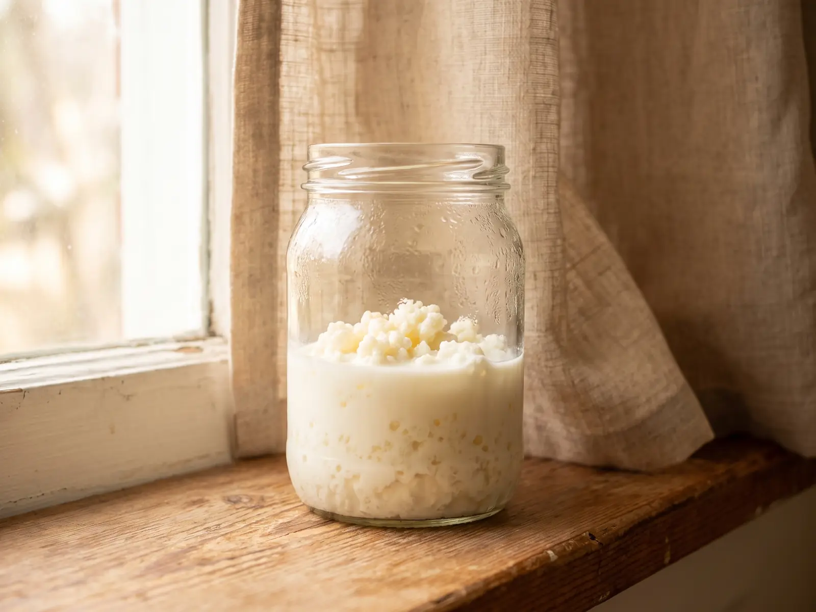 Tarro de leche fermentada en un alf&eacute;izar matinal, con gr&aacute;nulos visibles y una cortina de lino crudo.