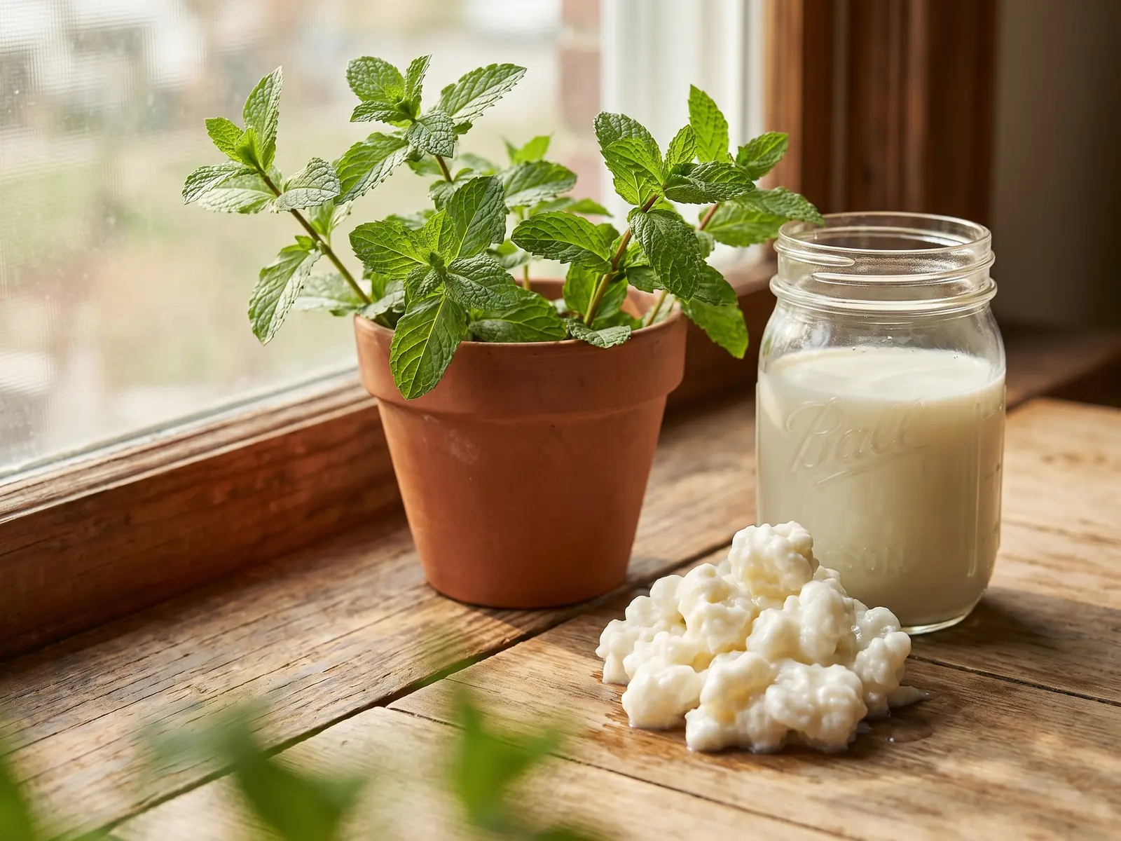 Tarro de leche con gr&aacute;nulos de k&eacute;fir en un alfeizar junto a hierbabuena y sombras verdes suaves