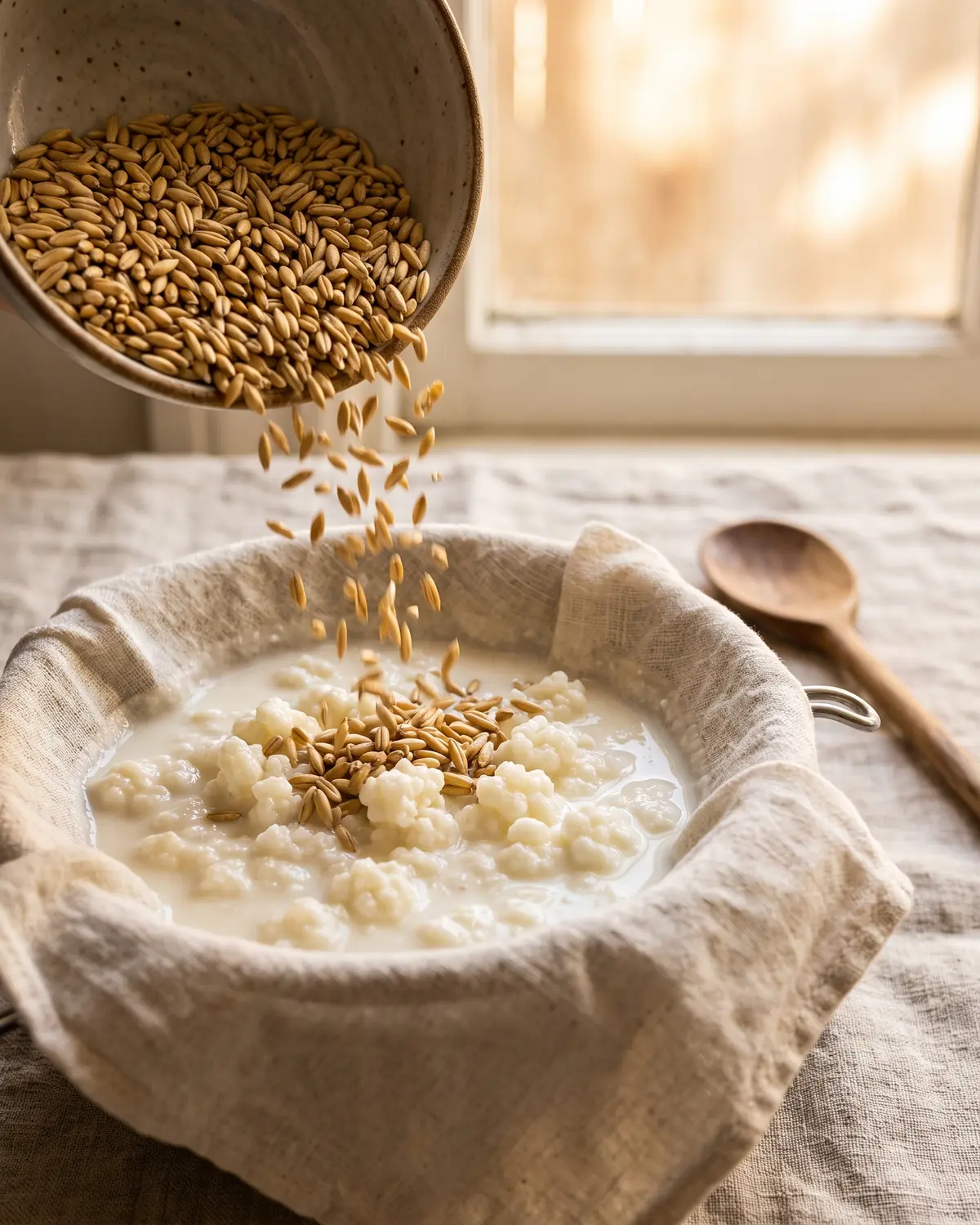 Granos de avena cayendo sobre k&eacute;fir colado junto a lino desenfocado y luz c&aacute;lida de ventana.