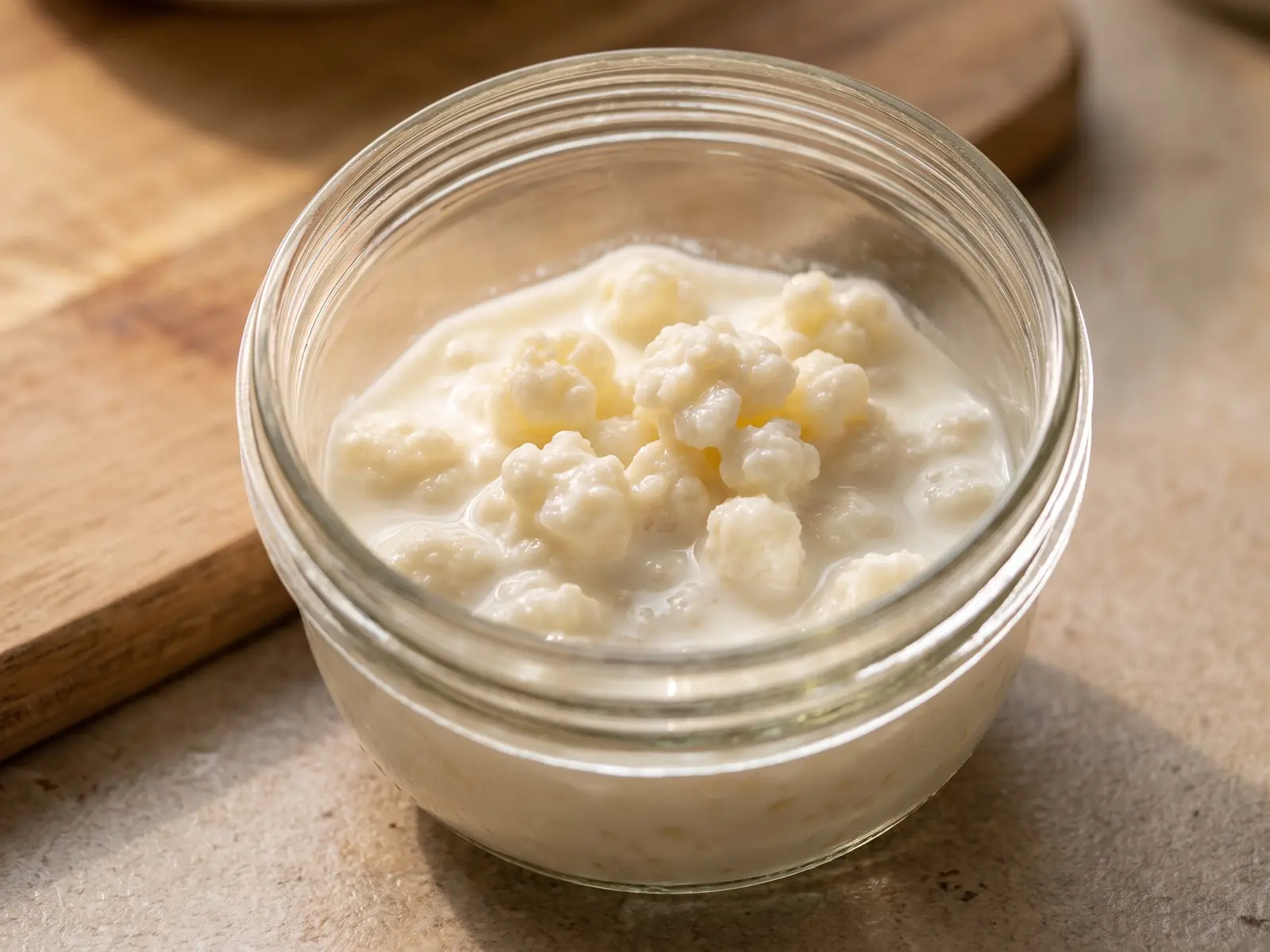 Tarro de k&eacute;fir de leche reci&eacute;n llenado en una encimera, con gr&aacute;nulos visibles entre nubes de leche.