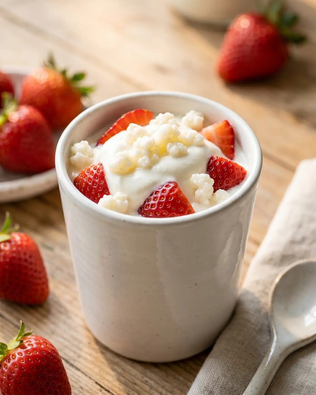 K&eacute;fir batido con fresas servido en un vaso cer&aacute;mico blanco con semillas visibles y luz de verano