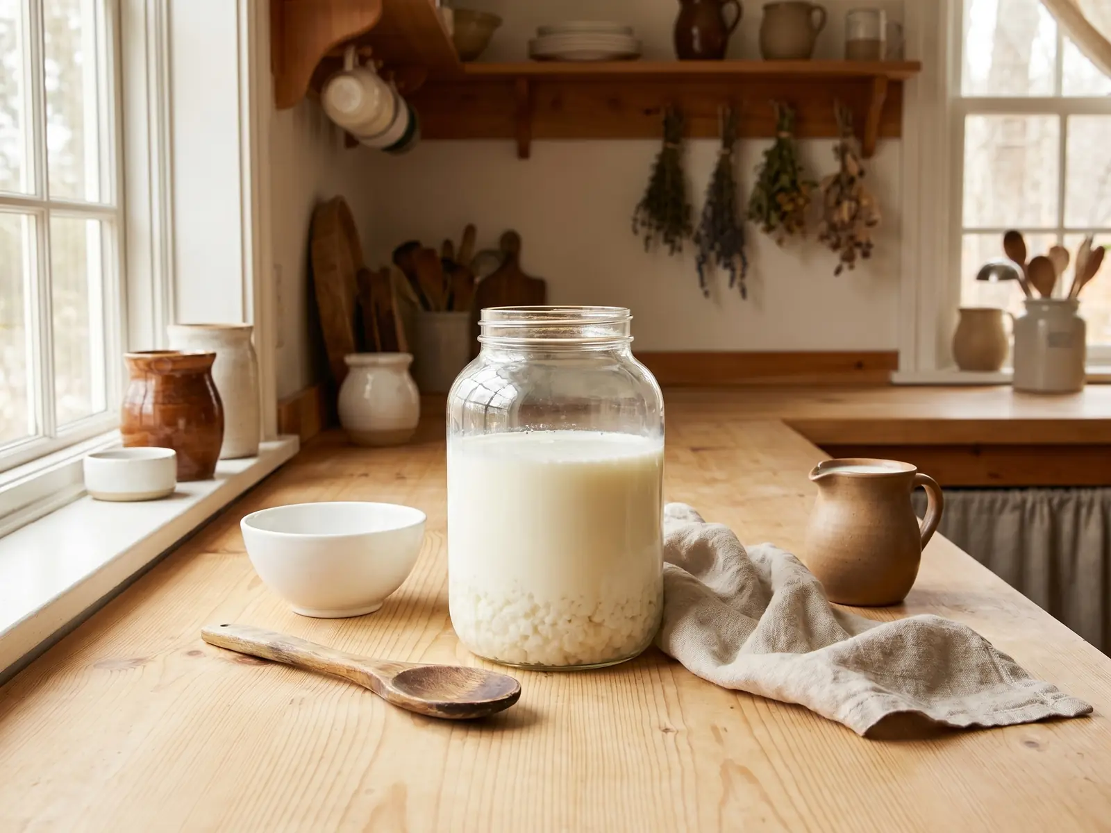 Tarro de k&eacute;fir de leche sobre una mesa de cocina con cuenco, cuchara y jarra de leche fresca.