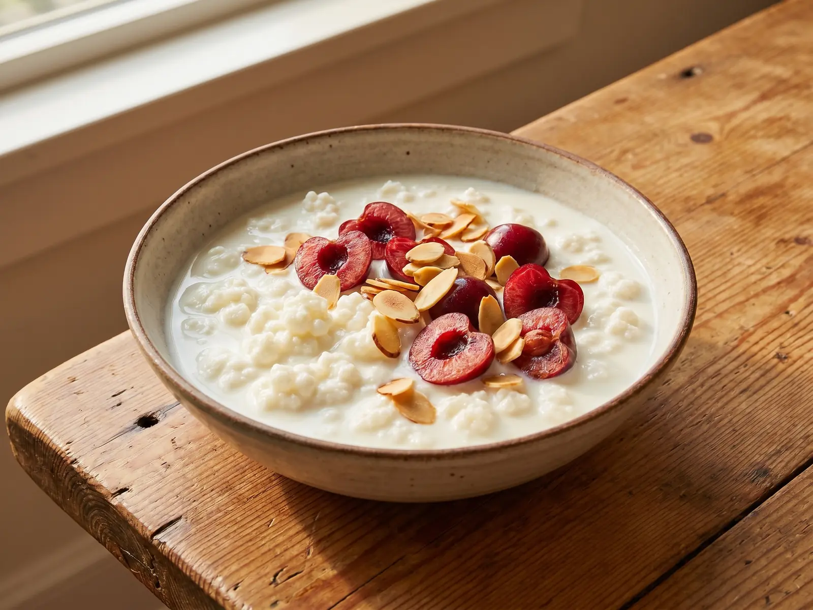 Bowl de k&eacute;fir cremoso con cerezas partidas y almendras tostadas sobre una mesa de pino.
