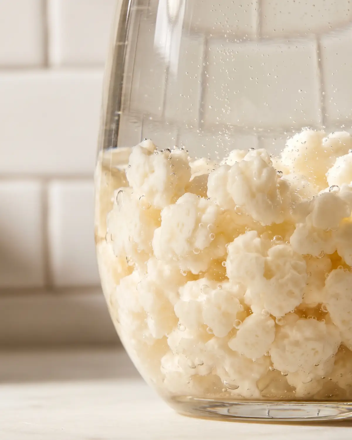 Burbujas finas entre gr&aacute;nulos de k&eacute;fir de leche en un cristal curvo con fondo de azulejo blanco.