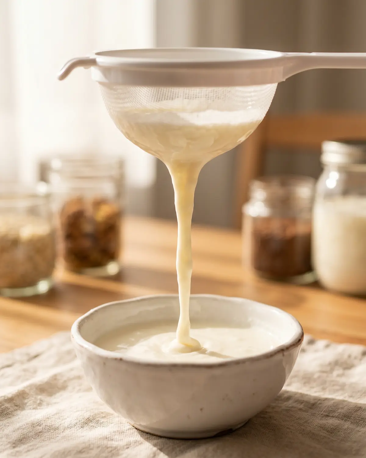 K&eacute;fir de leche colado cayendo en una cinta espesa desde un colador blanco hacia un cuenco cer&aacute;mico.