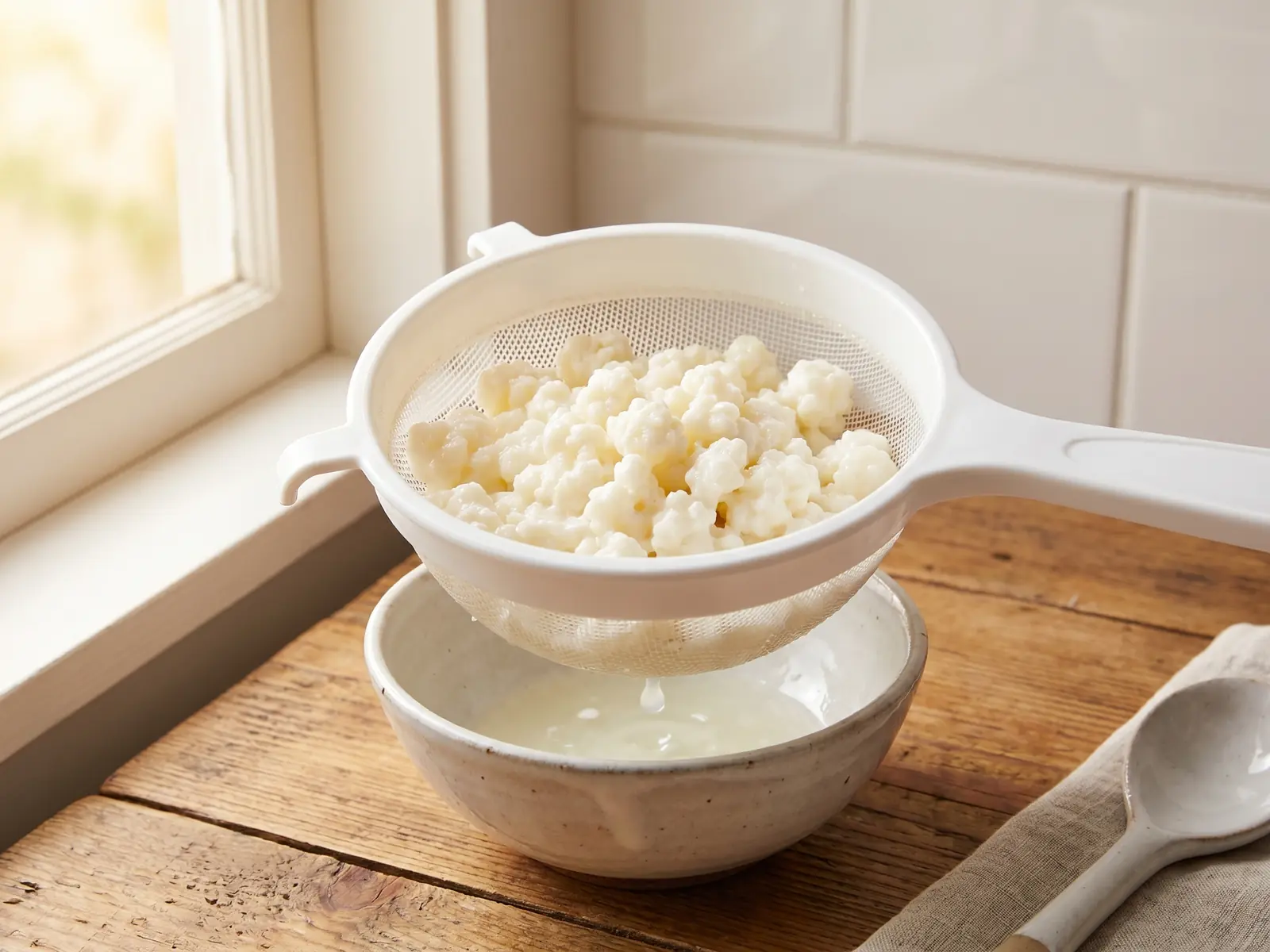 Colador blanco con gr&aacute;nulos de k&eacute;fir de leche sobre un cuenco en una cocina sencilla.