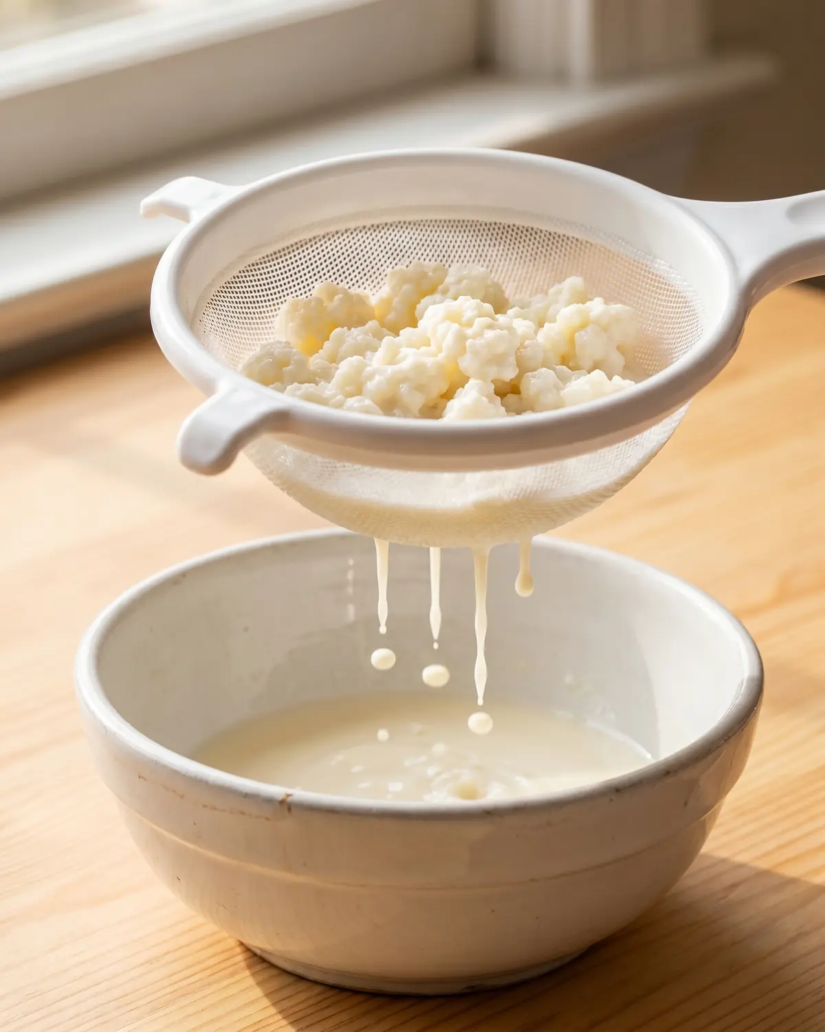 el kefir se puede congelar Gránulos de kéfir escurriéndose en un colador blanco mientras una gota cae sobre un cuenco.