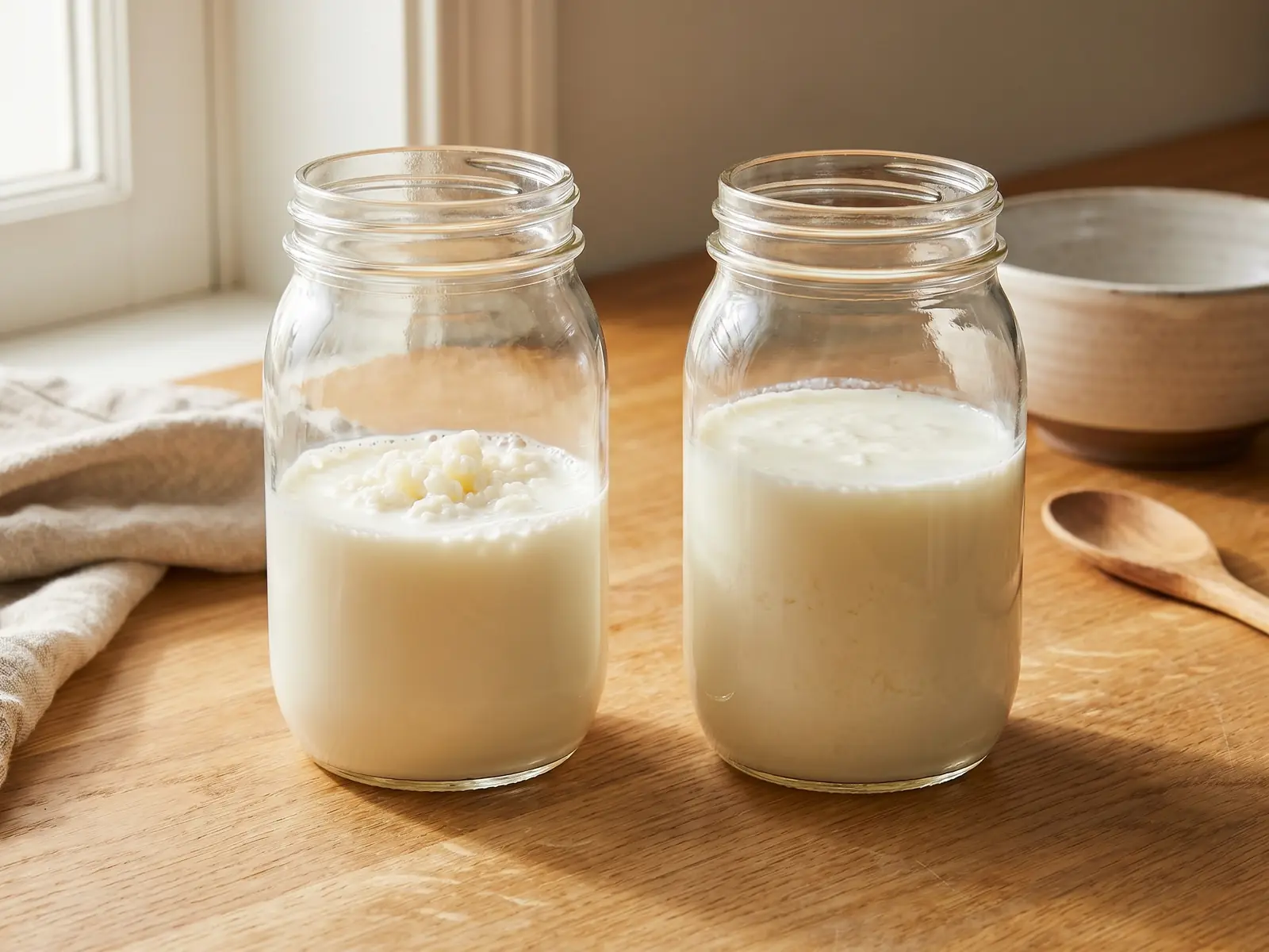 Dos tarros muestran leche fresca con gr&aacute;nulos y k&eacute;fir de leche ya fermentado listo para tomar.