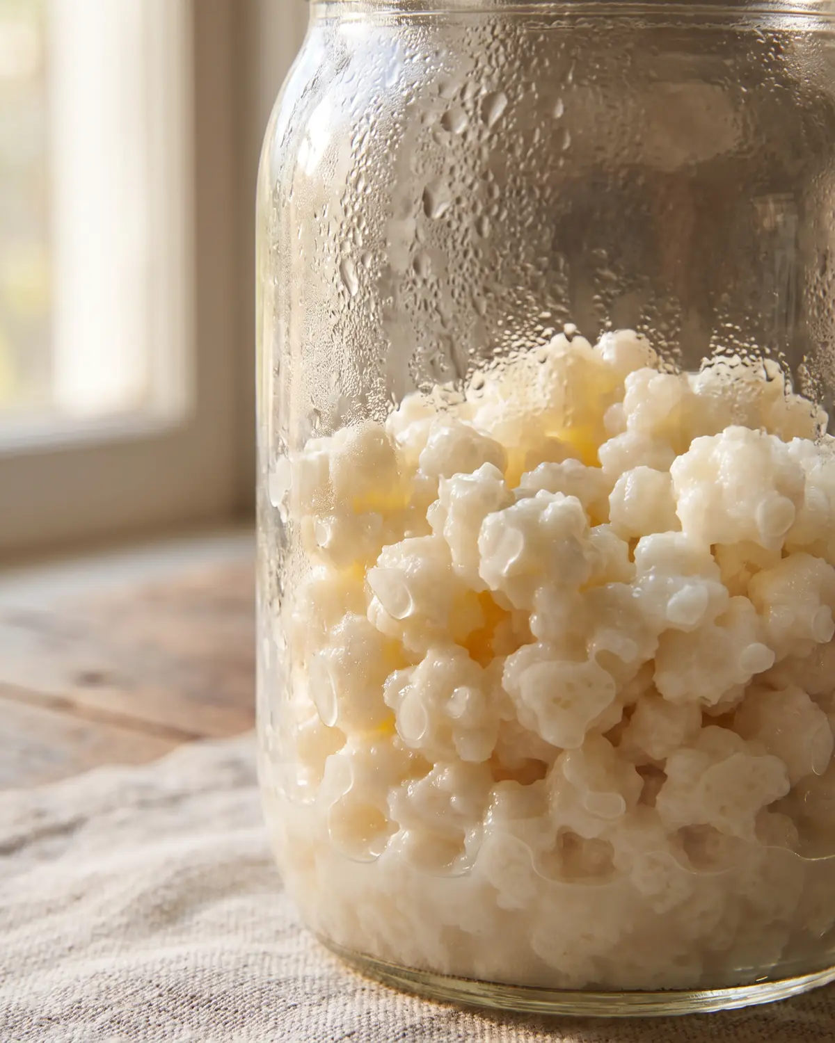 kefir malo Gránulos blanco crema vistos a través del vidrio con condensación en un tarro de kéfir de leche.