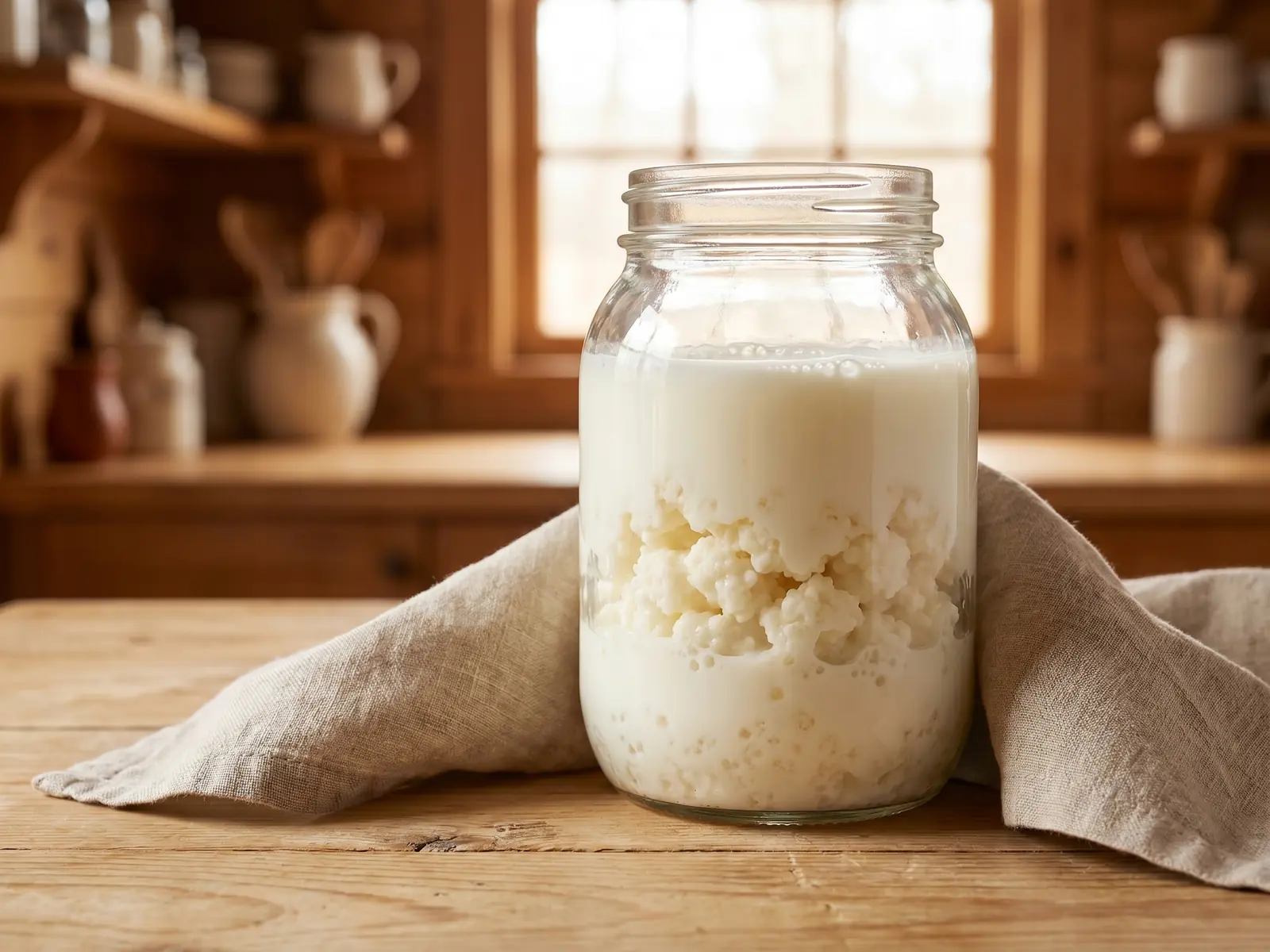 Tarro de cristal con leche y gr&aacute;nulos de k&eacute;fir iluminado suavemente junto a una ventana.