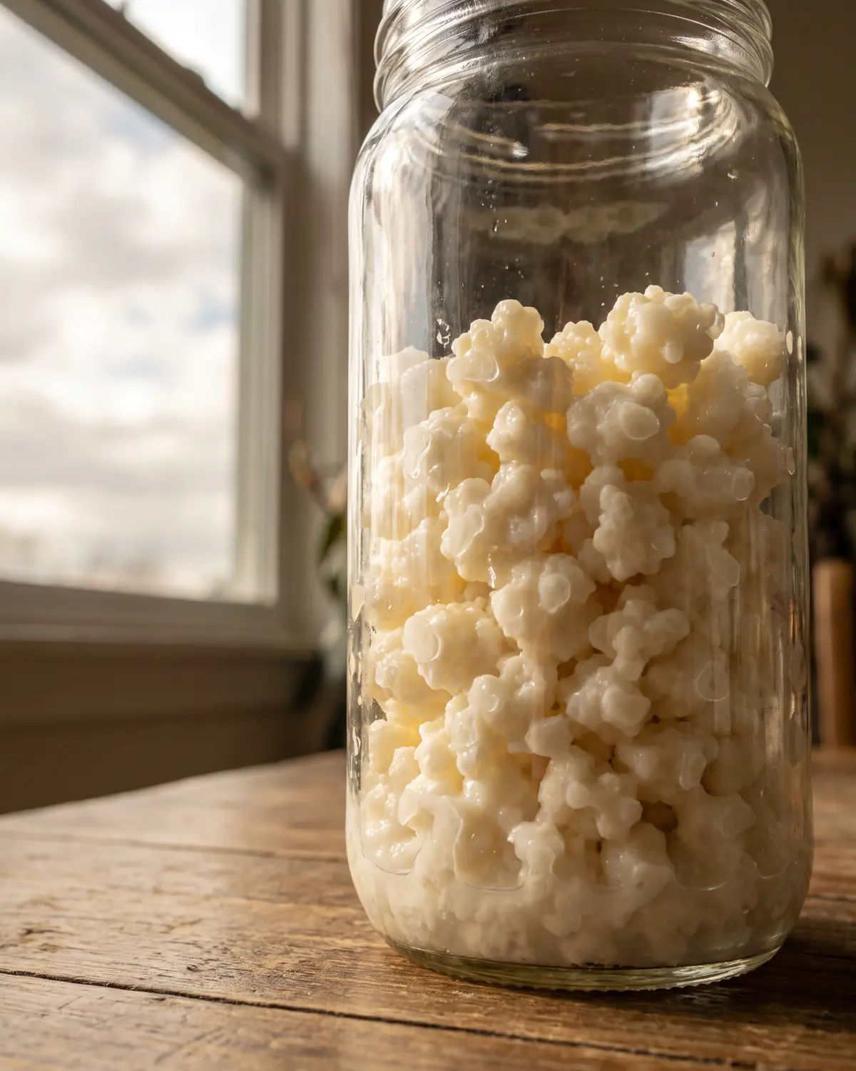Tarro alto con k&eacute;fir de leche y gr&aacute;nulos vistos desde abajo junto a una ventana con luz nublada.