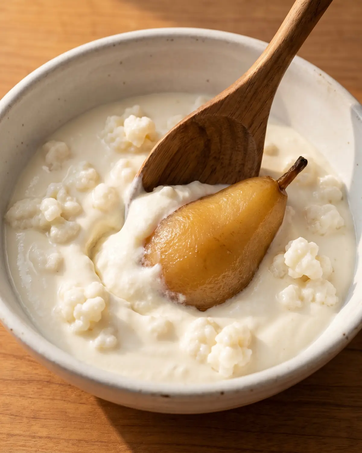 kéfir como tomarlo Cuchara de madera abriendo un surco lento en kéfir con pera cocida dentro de un cuenco blanco.