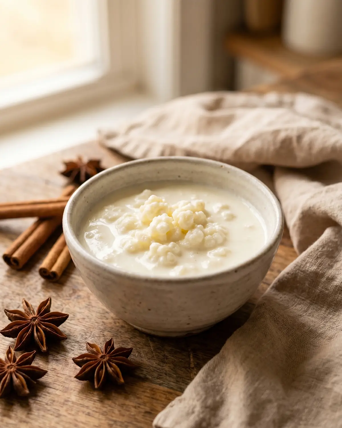 como hacer kefir en casa Cuenco pequeño de kéfir natural rodeado de anís estrellado y canela, con ambiente casero de invierno.
