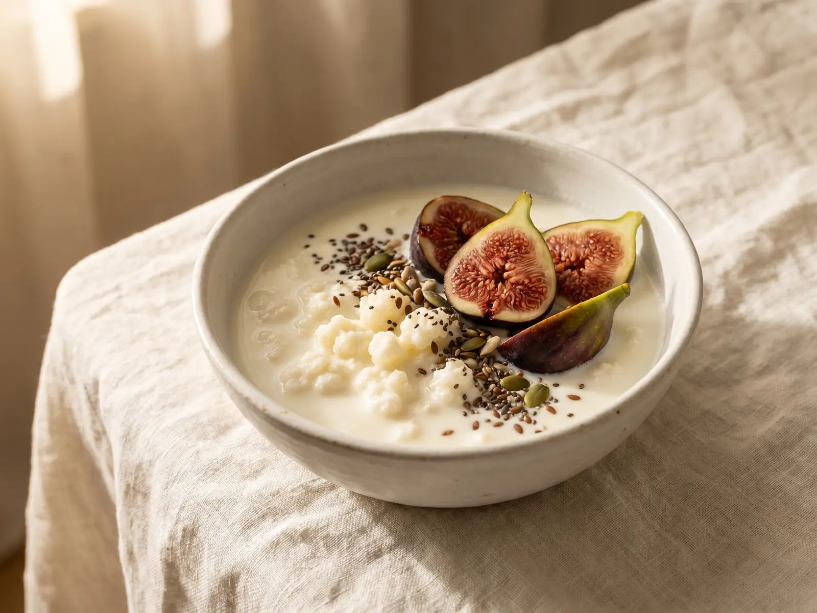 cantidad de kefir al dia Kéfir de leche servido en un cuenco blanco con higos frescos y semillas sobre lino arrugado.