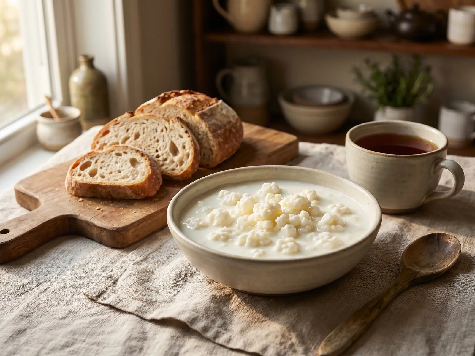 K&eacute;fir de leche servido en un cuenco bajo junto a una taza de t&eacute;, pan r&uacute;stico y lino crudo.