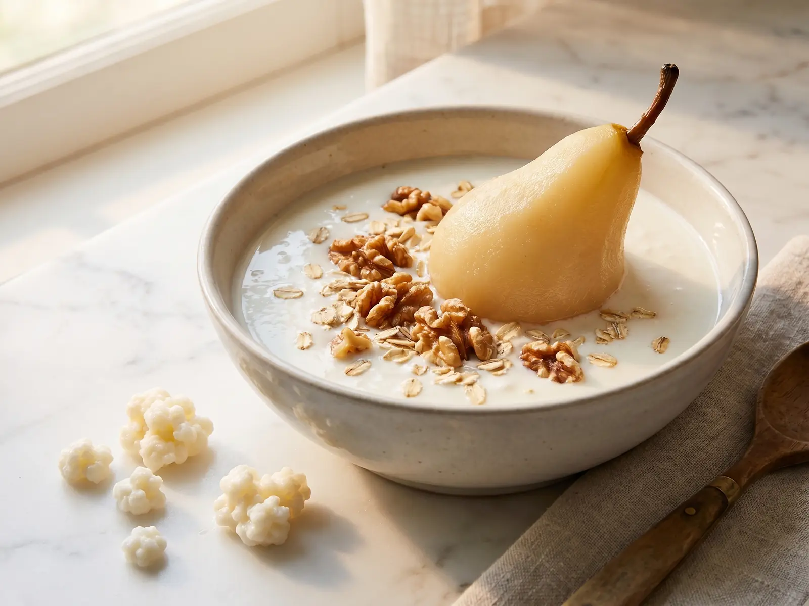 kéfir propiedades y beneficios Cuenco de kéfir con pera, nueces y avena sobre mármol blanco en una escena tranquila de desayuno.