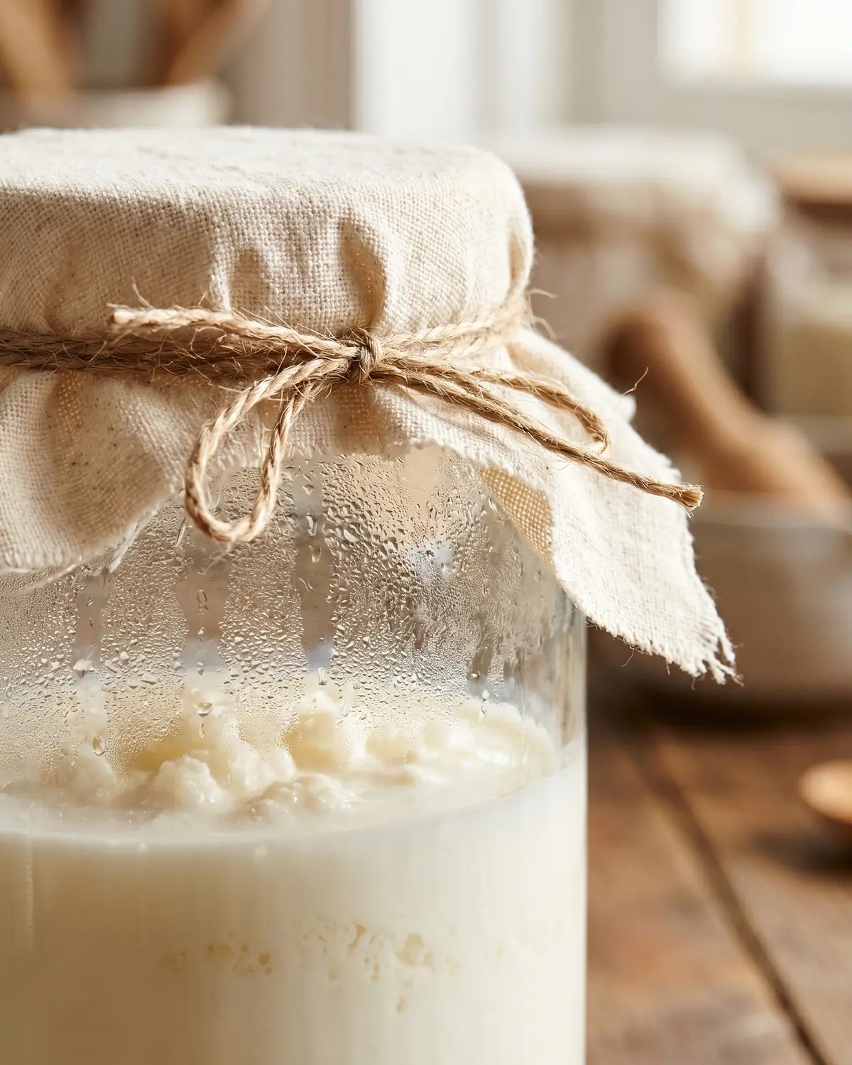 Detalle de un pa&ntilde;o de algod&oacute;n atado al tarro de k&eacute;fir, con la leche blanca visible tras el vidrio.