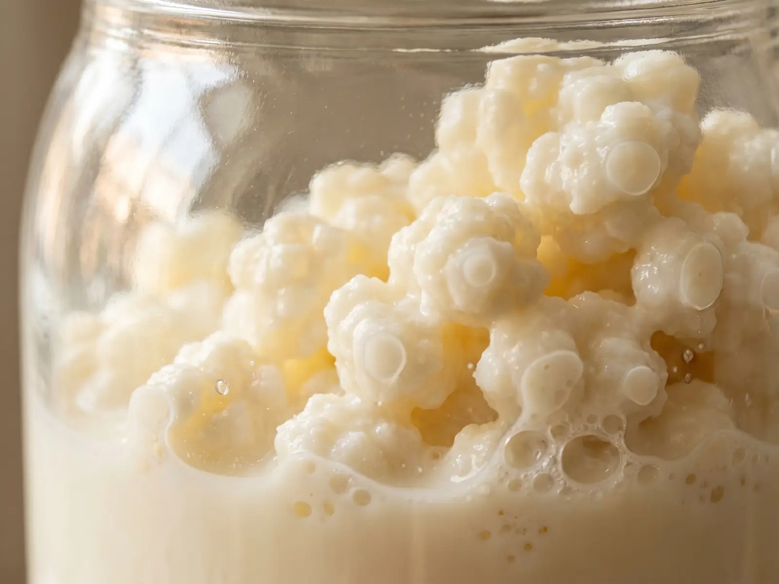 kéfir mercadona vs nódulos Detalle de gránulos de kéfir adheridos al vidrio de un tarro con leche cremosa y pequeñas burbujas.