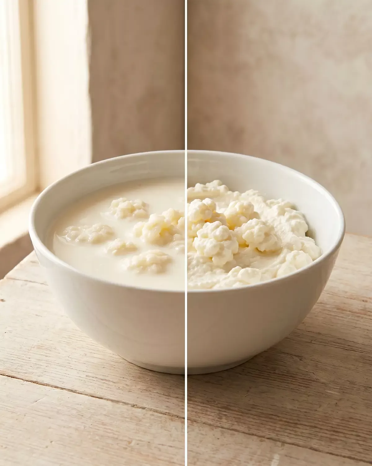 fermentacion lactica Dos cuencos de cerámica blanca muestran kéfir bebible y kéfir escurrido con texturas distintas.