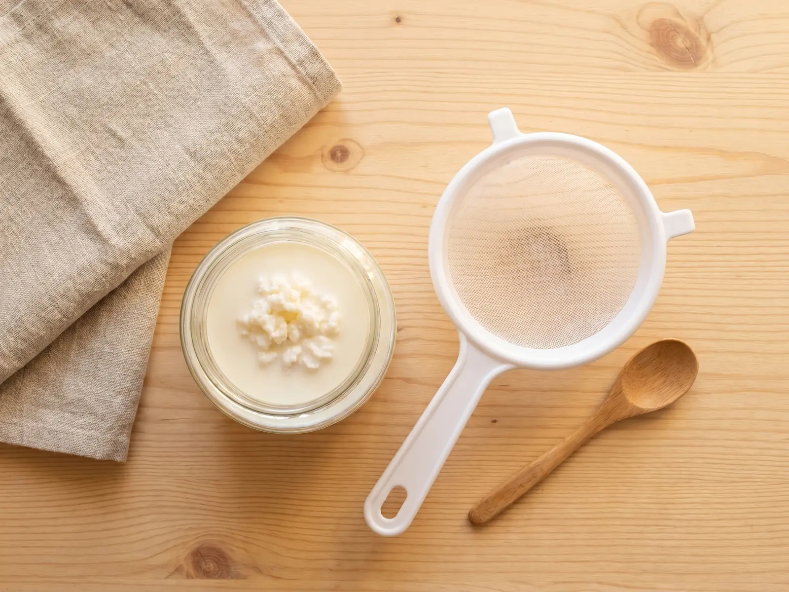 Tarro de k&eacute;fir de leche en una encimera con colador blanco, cuchara de madera y pa&ntilde;o de lino.
