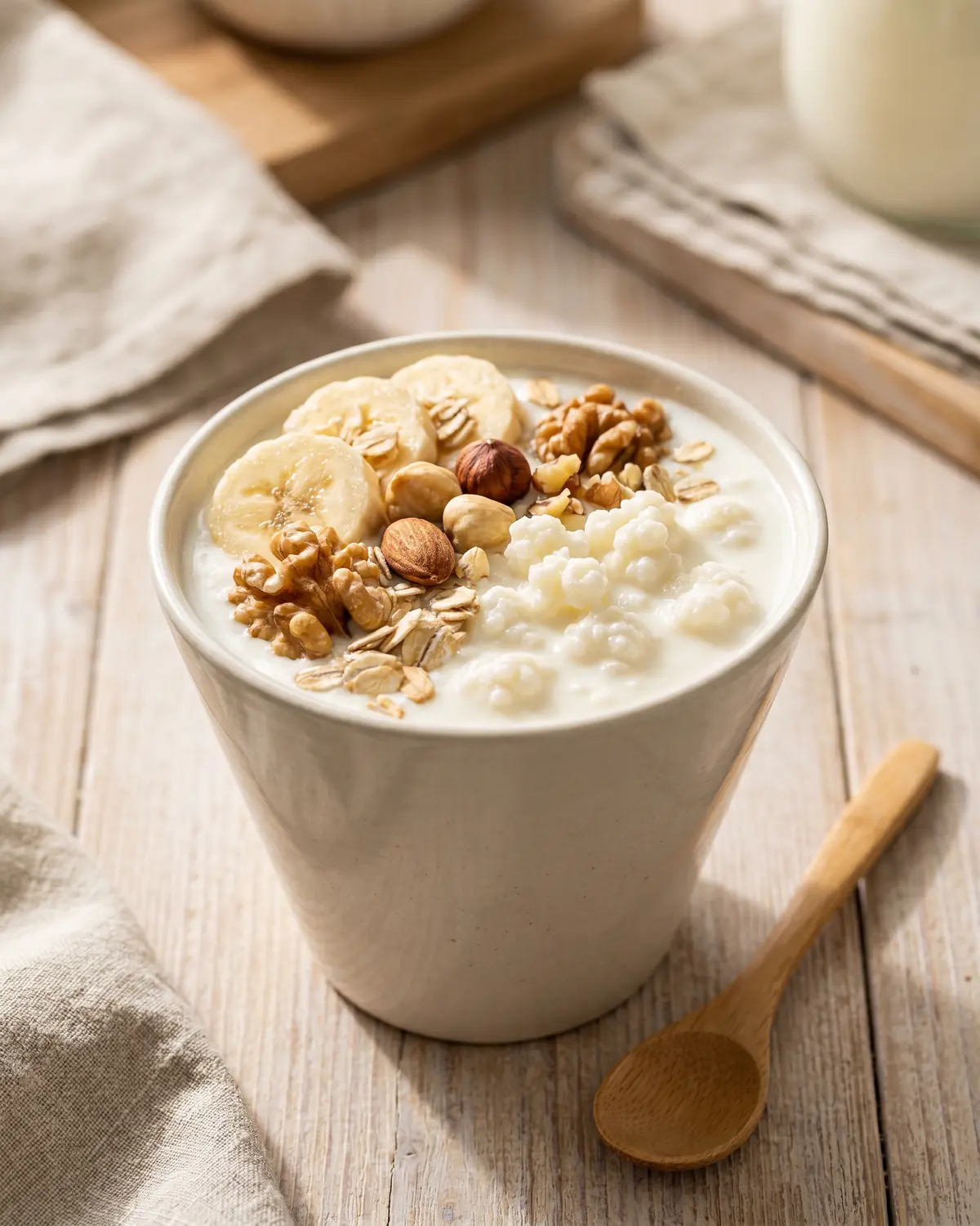 que contiene el kéfir Cuenco estrecho de kéfir con plátano, nueces y avena, servido en una composición vertical