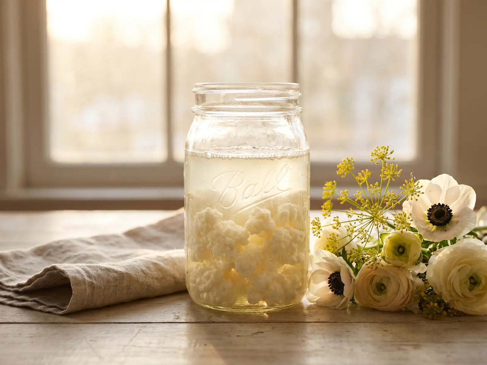 Tarro de k&eacute;fir de leche fermentando sobre madera clara, con flores de primavera y lino crudo al lado.