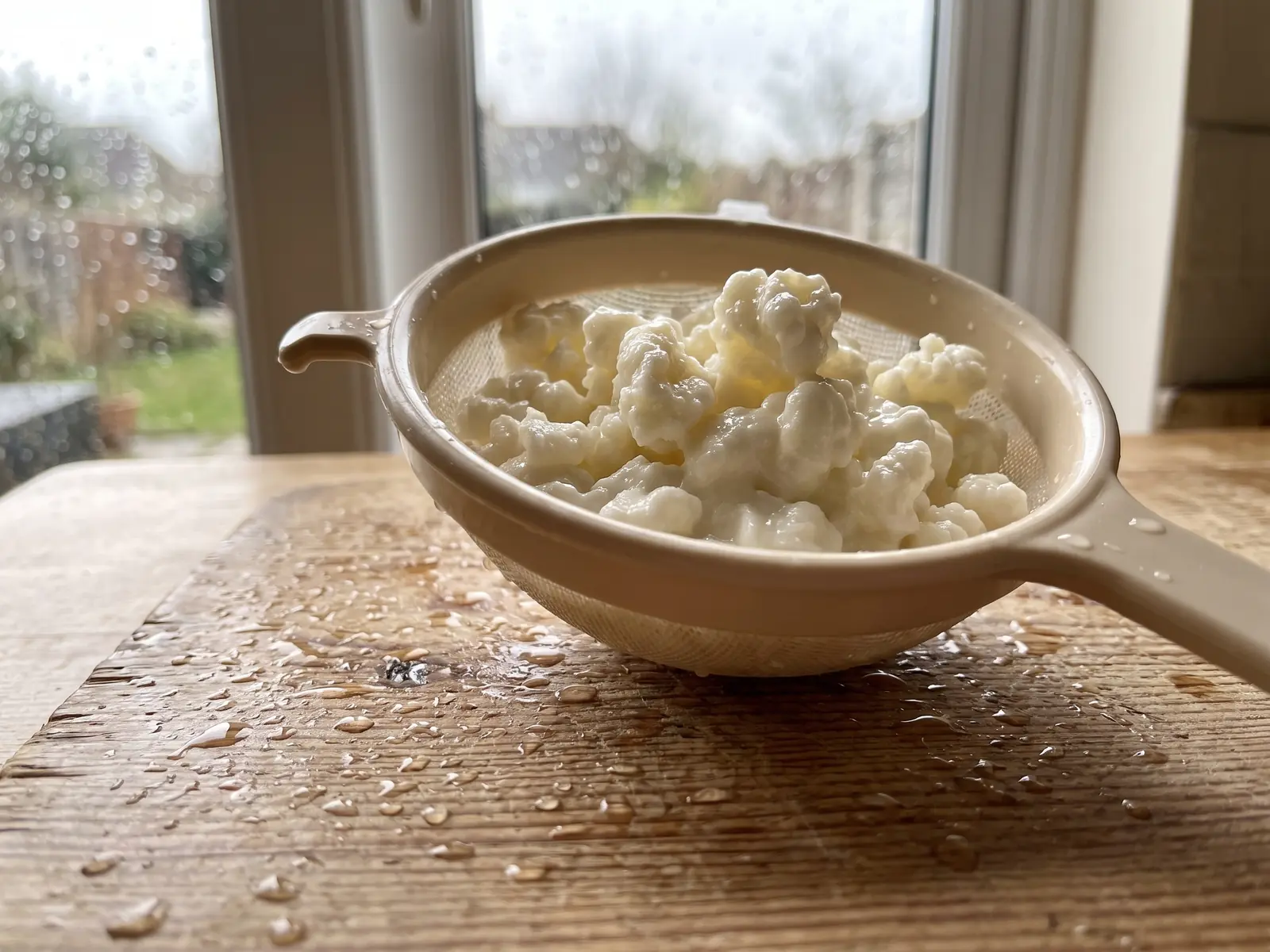 Gr&aacute;nulos de k&eacute;fir reci&eacute;n escurridos en un colador pl&aacute;stico sobre una tabla de pino con gotas de leche.