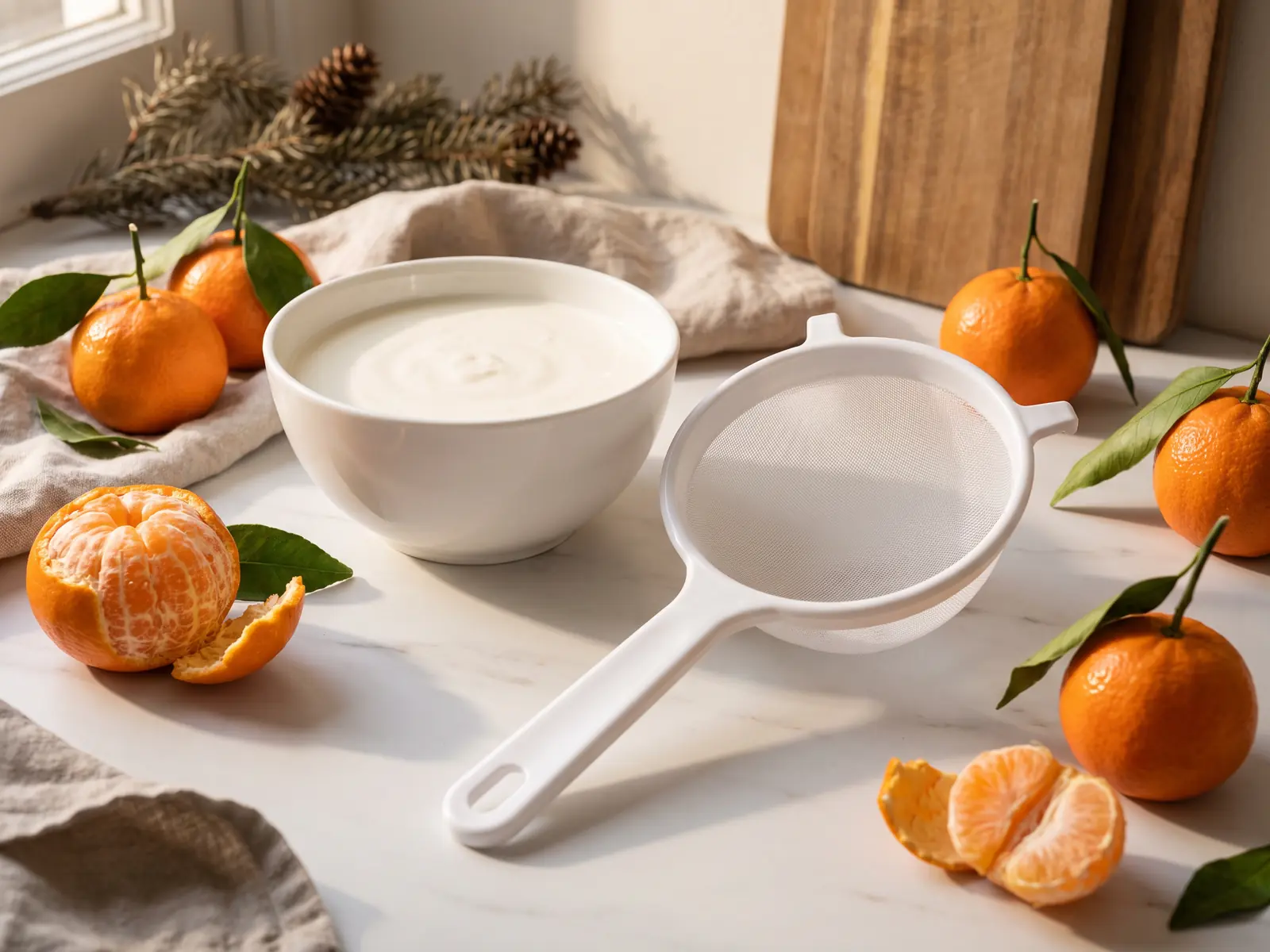 K&eacute;fir de leche colado en un cuenco con clementinas sobre m&aacute;rmol mate en una escena de invierno.