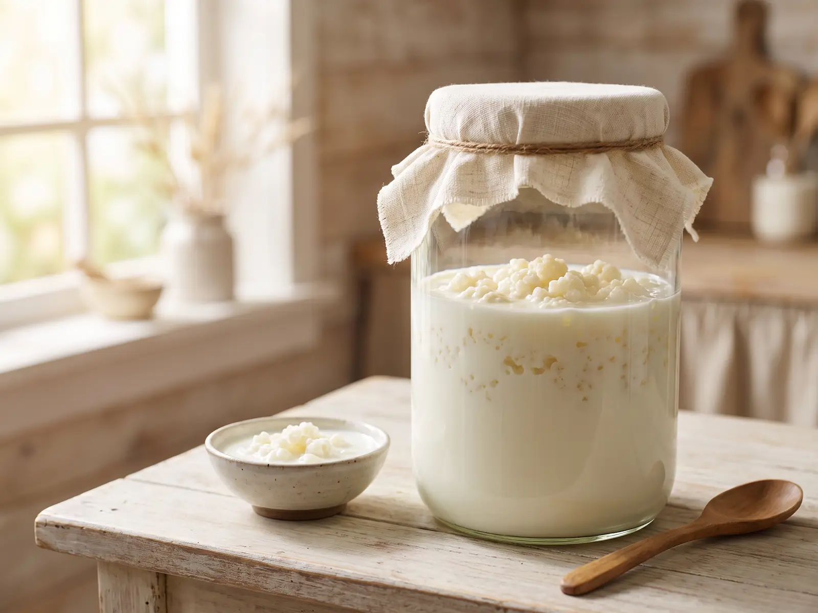Tarro de k&eacute;fir de leche con gr&aacute;nulos y fruta seca sobre madera, listo para combinar en recetas sencillas.