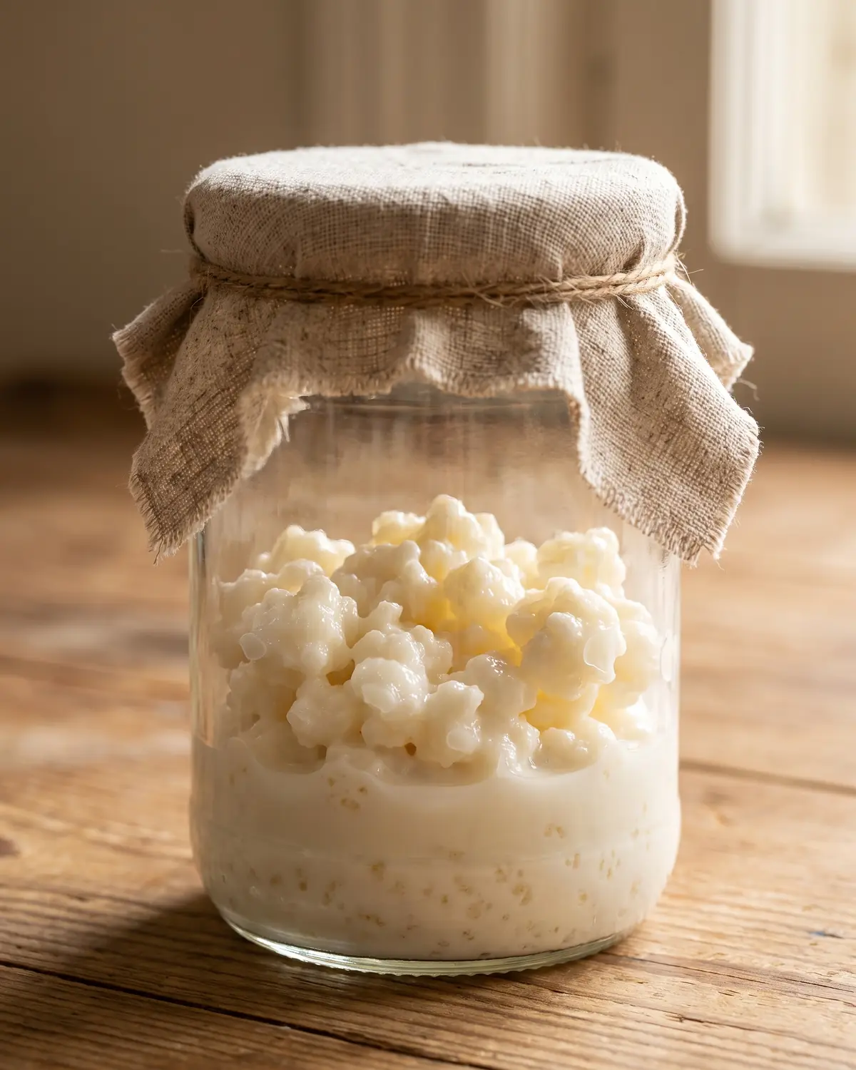 Tarro con leche fermentando, lino crudo en el cuello y gr&aacute;nulos visibles con transparencia suave.