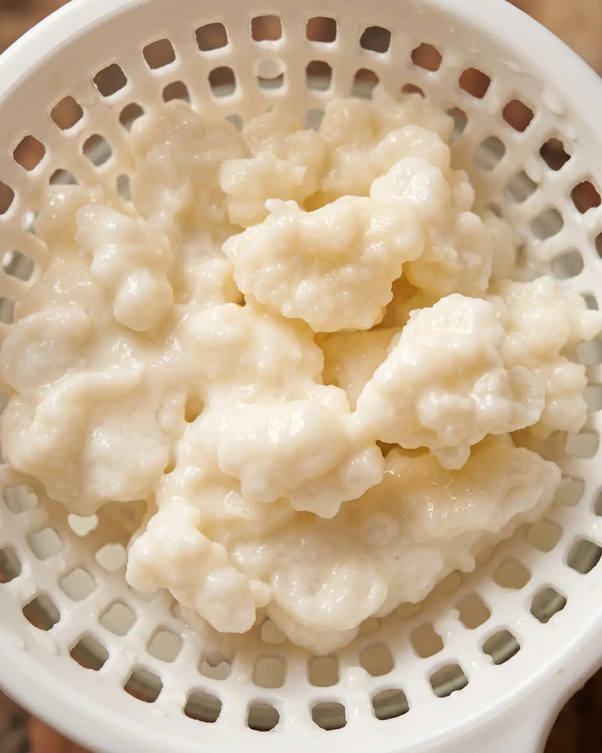 Detalle de gr&aacute;nulos de k&eacute;fir blanco crema en un colador, con gotas espesas entre sus huecos.