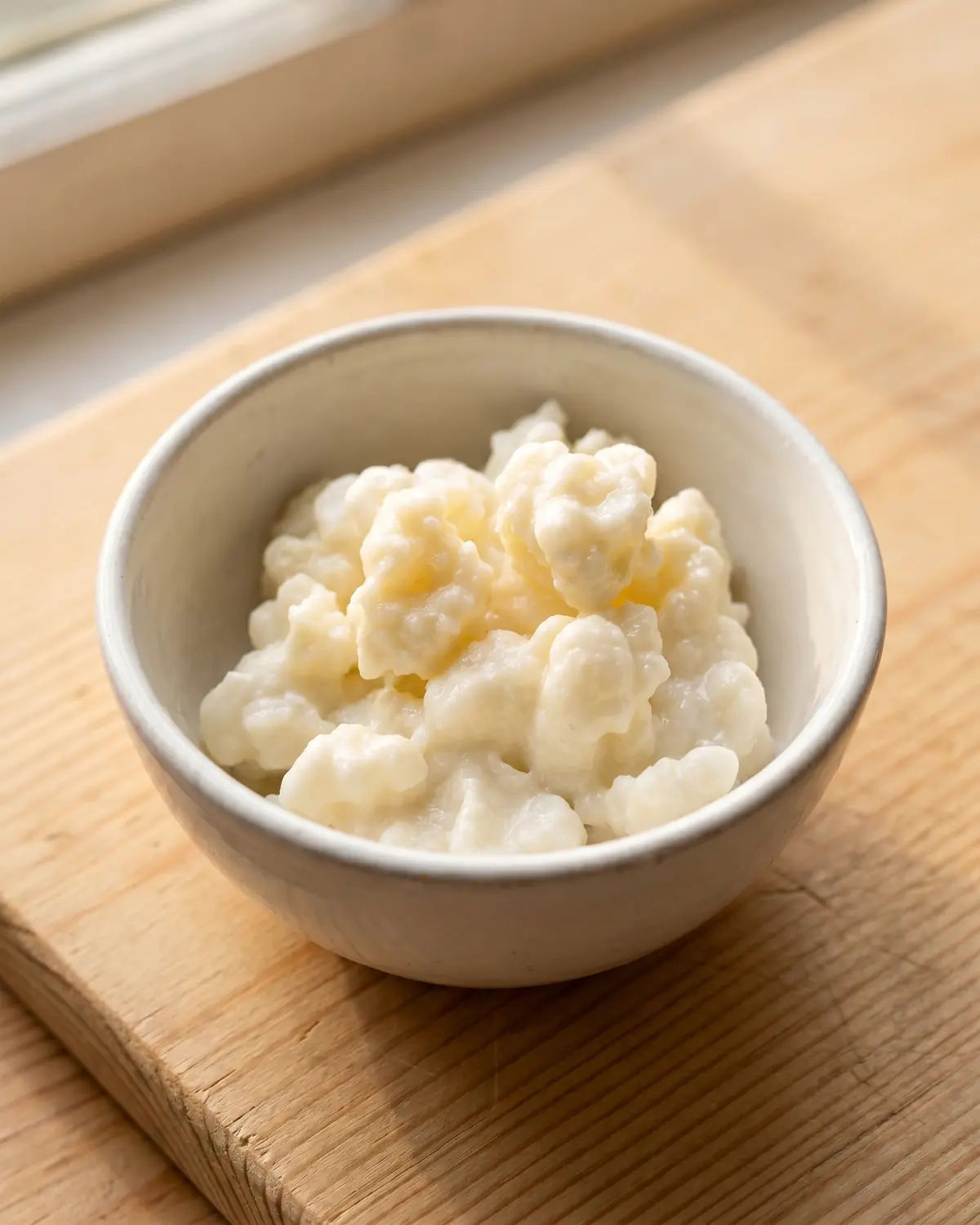 Primer plano de gr&aacute;nulos de k&eacute;fir de leche en un cuenco blanco, listos para fermentar