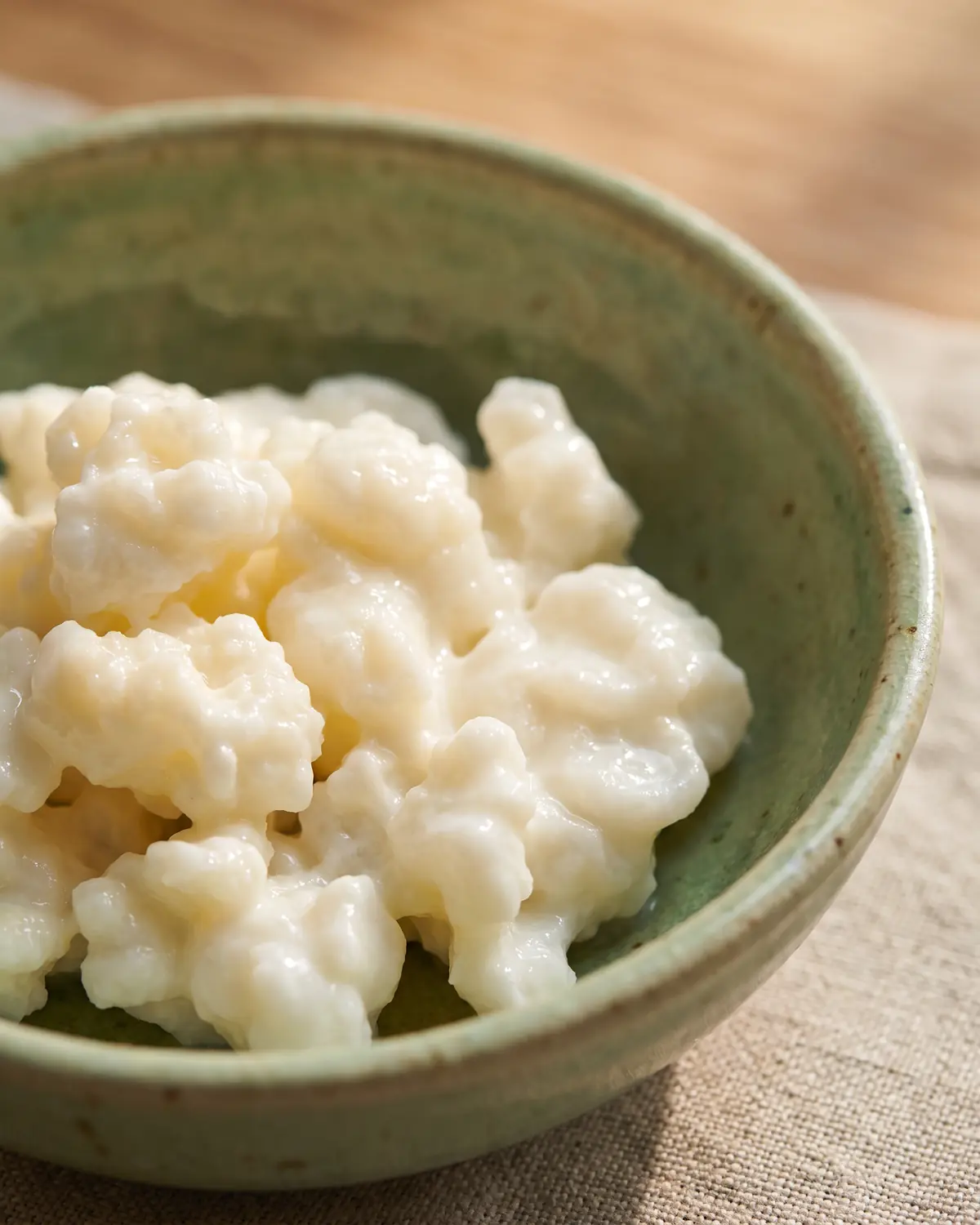 kefir mercadona opiniones Primer plano de nódulos de kéfir con surcos irregulares y brillo húmedo sobre cerámica verde clara.