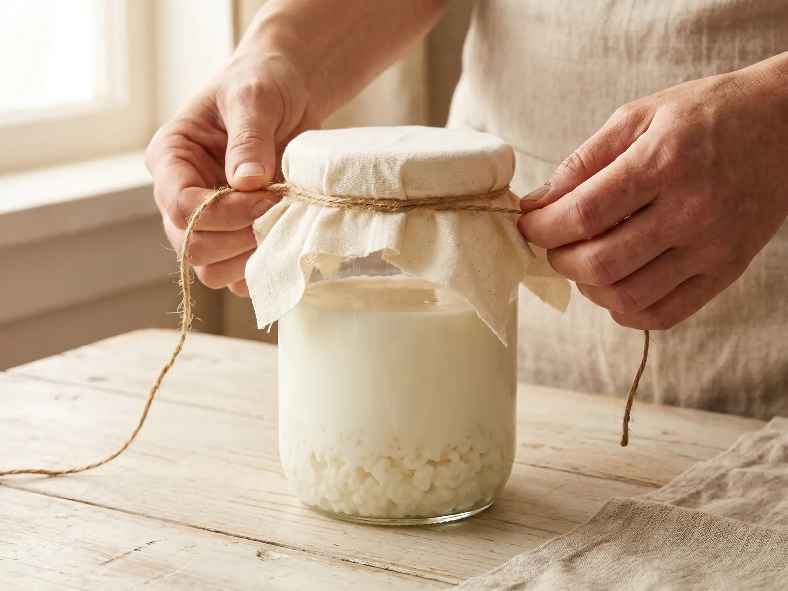 Mano atando una tela de algod&oacute;n sobre un tarro de k&eacute;fir de leche en una mesa clara