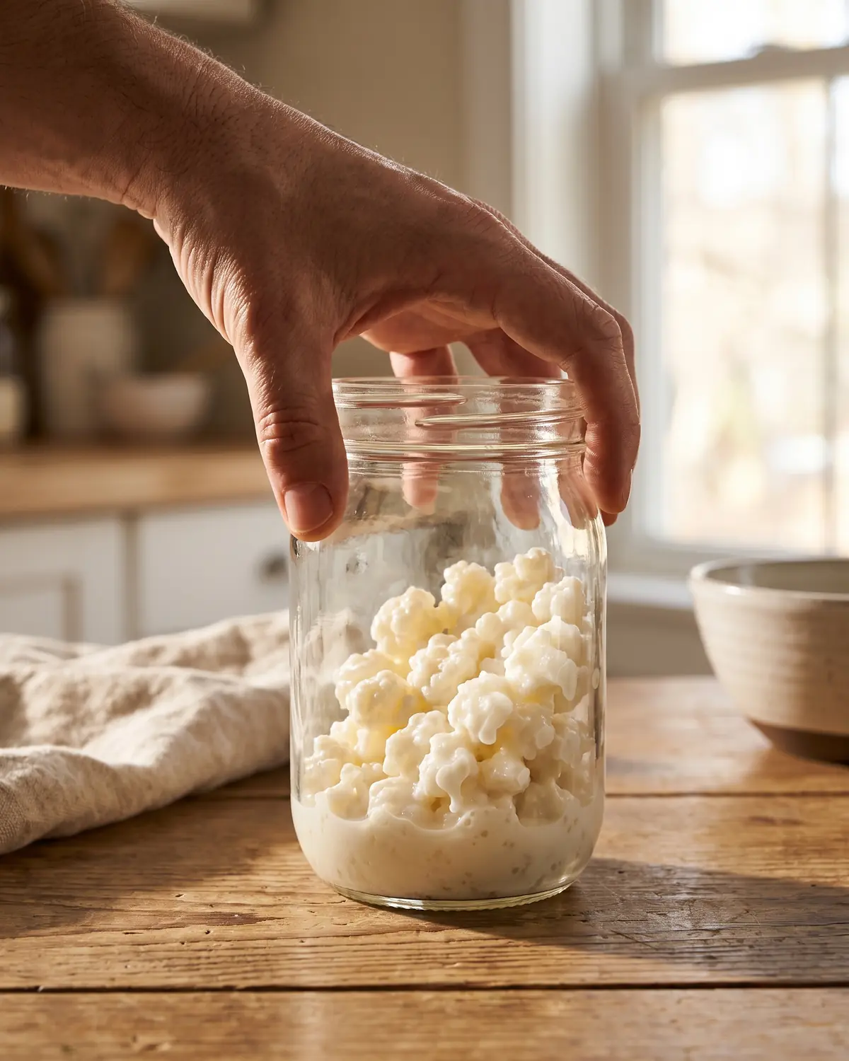 Mano girando un tarro de vidrio con leche cremosa y gr&aacute;nulos de k&eacute;fir movi&eacute;ndose por el interior.