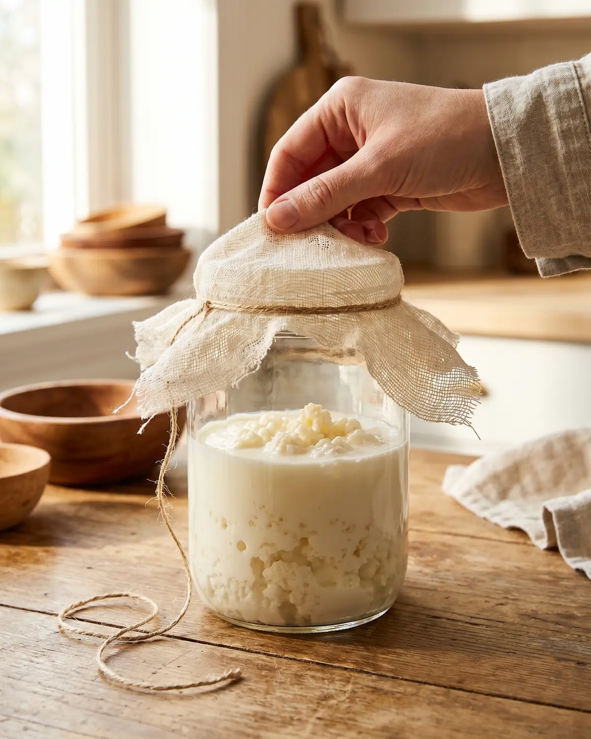 Mano retirando el pa&ntilde;o de un tarro de k&eacute;fir de leche con cordel suelto y luz natural de ma&ntilde;ana.