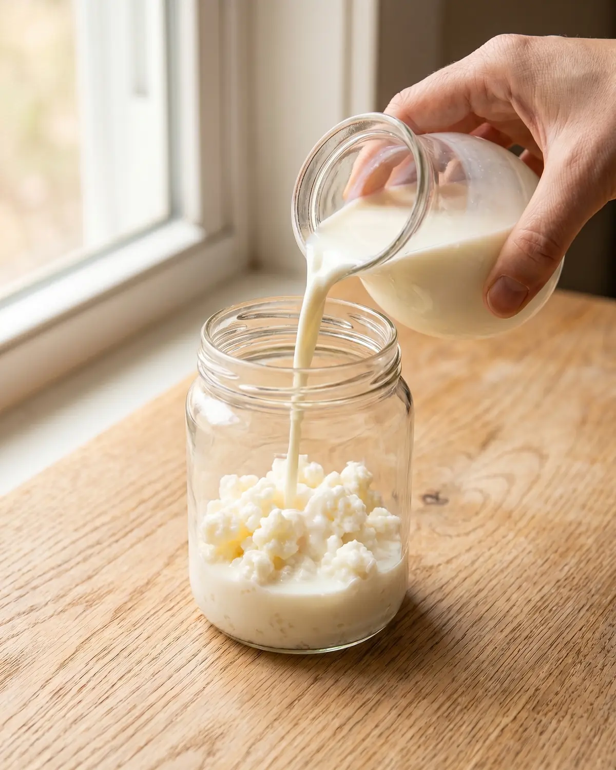 Mano vertiendo leche fresca sobre gr&aacute;nulos de k&eacute;fir dentro de un tarro de cristal limpio