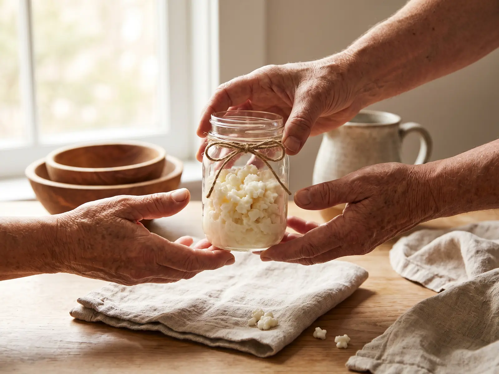 ingredientes kefir Dos manos entregan un tarro de kéfir con gránulos visibles, lino crudo y cordel como regalo casero.