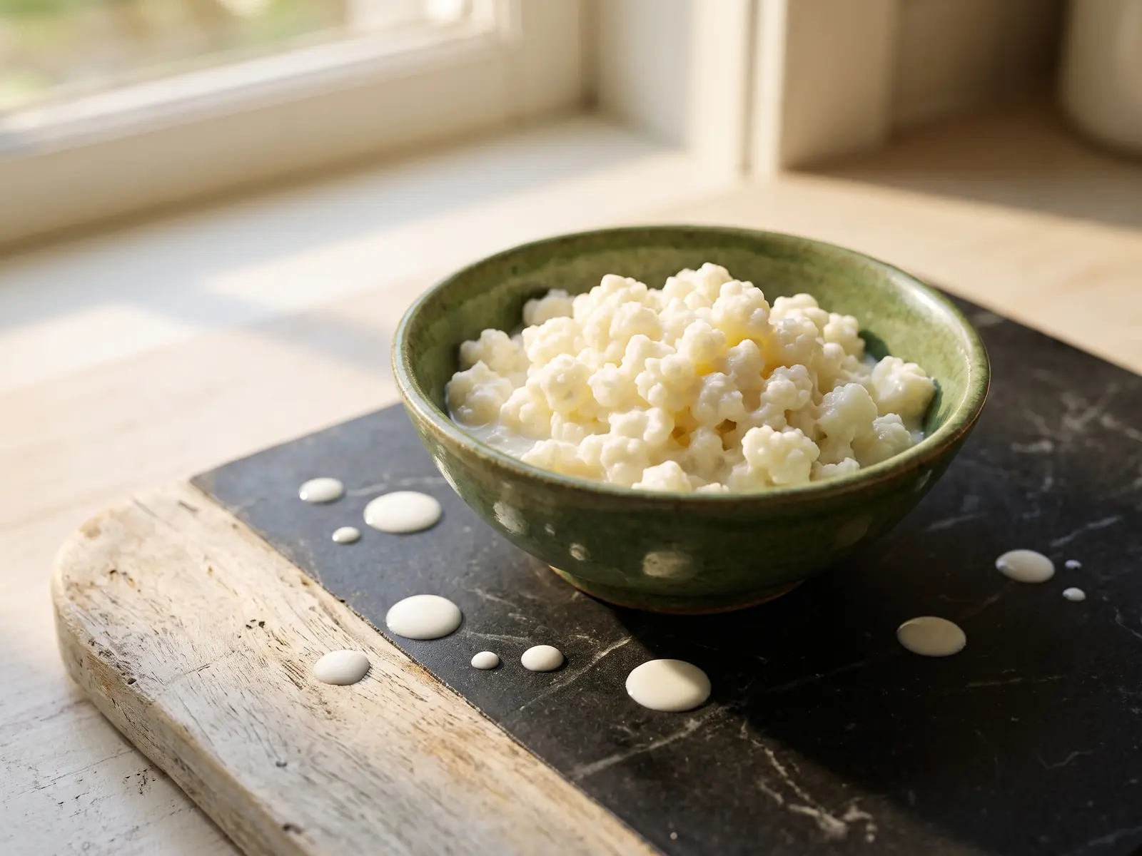 Cuenco verde con gr&aacute;nulos de k&eacute;fir sobre m&aacute;rmol negro, leche y madera clara alrededor.