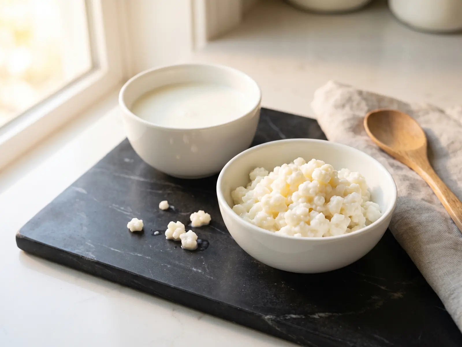 Dos cuencos blancos con k&eacute;fir de leche, gr&aacute;nulos separados y leche fresca sobre m&aacute;rmol negro mate.