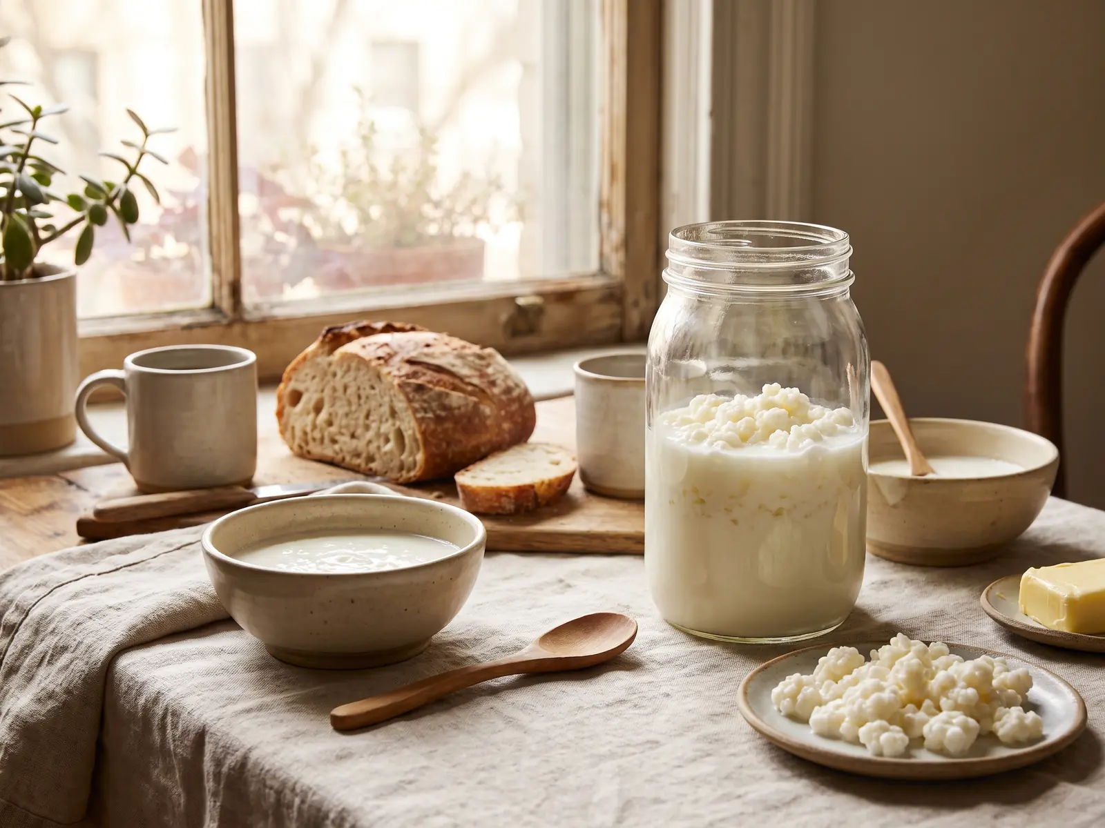 Mesa de desayuno para dos con tarro de k&eacute;fir de leche, gr&aacute;nulos, cer&aacute;mica beige y luz c&aacute;lida de ventana.