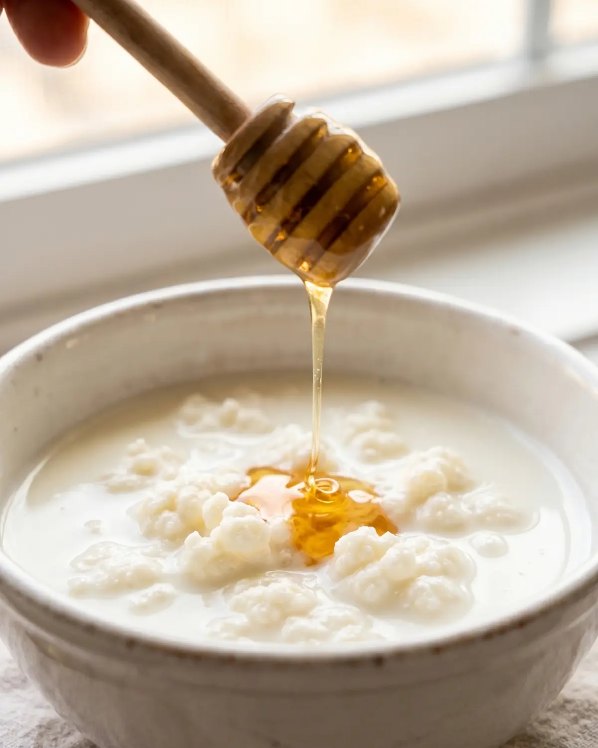 para que sirve el kefir natural Hilo de miel cayendo sobre un cuenco blanco con kéfir de leche, con una mano apenas visible.
