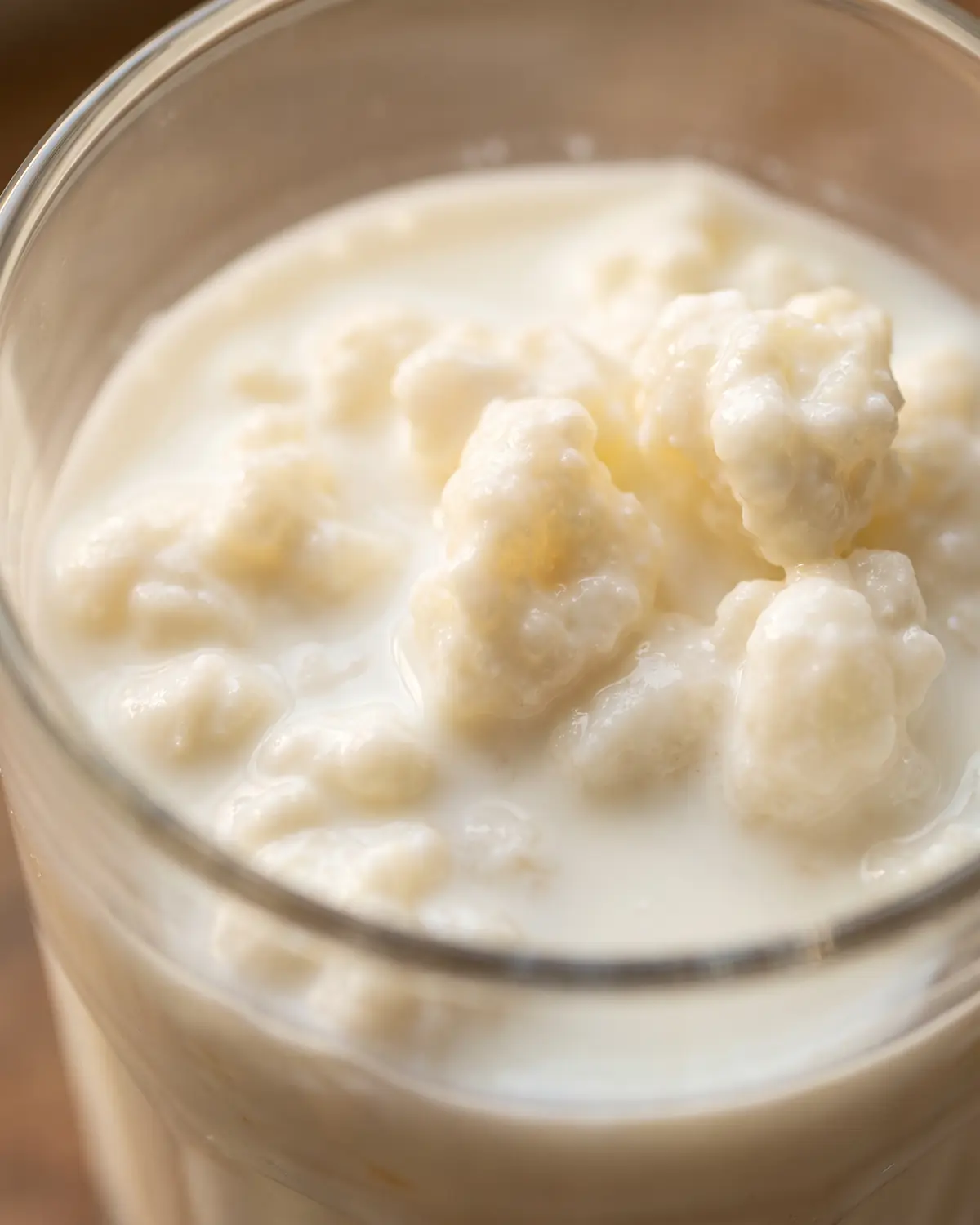 tipos de fermentación Nubes de leche rodean gránulos recién sumergidos dentro de un cristal en una vista vertical cercana.