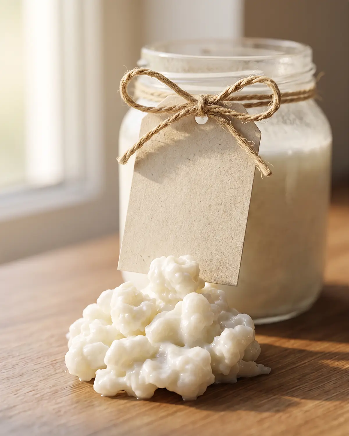 propiedades del kefir de cabra Etiqueta vacía con nudo de cordel junto a un tarro lechoso desenfocado y sombra suave.